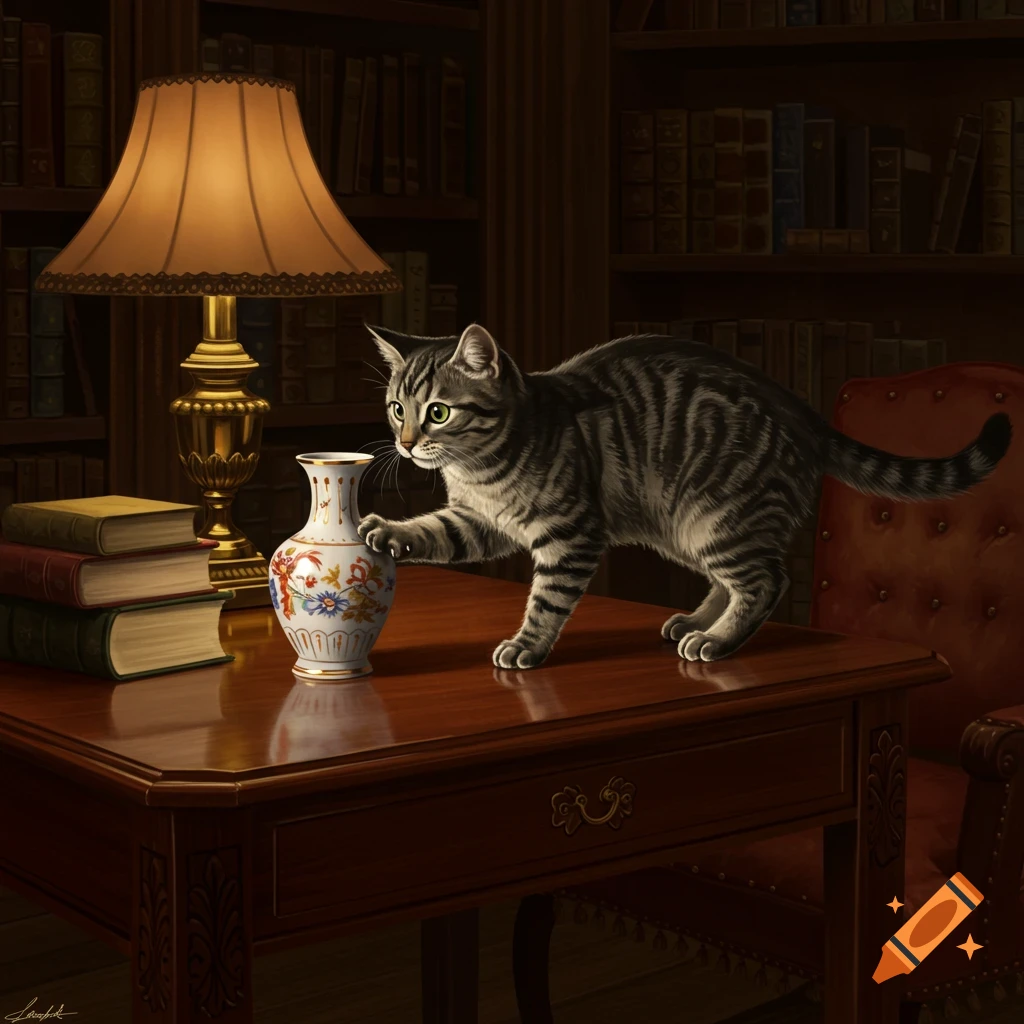 A realistic illustration of a tabby cat reaching for a white vase on a wooden desk next to books and a lamp in a dimly lit library.