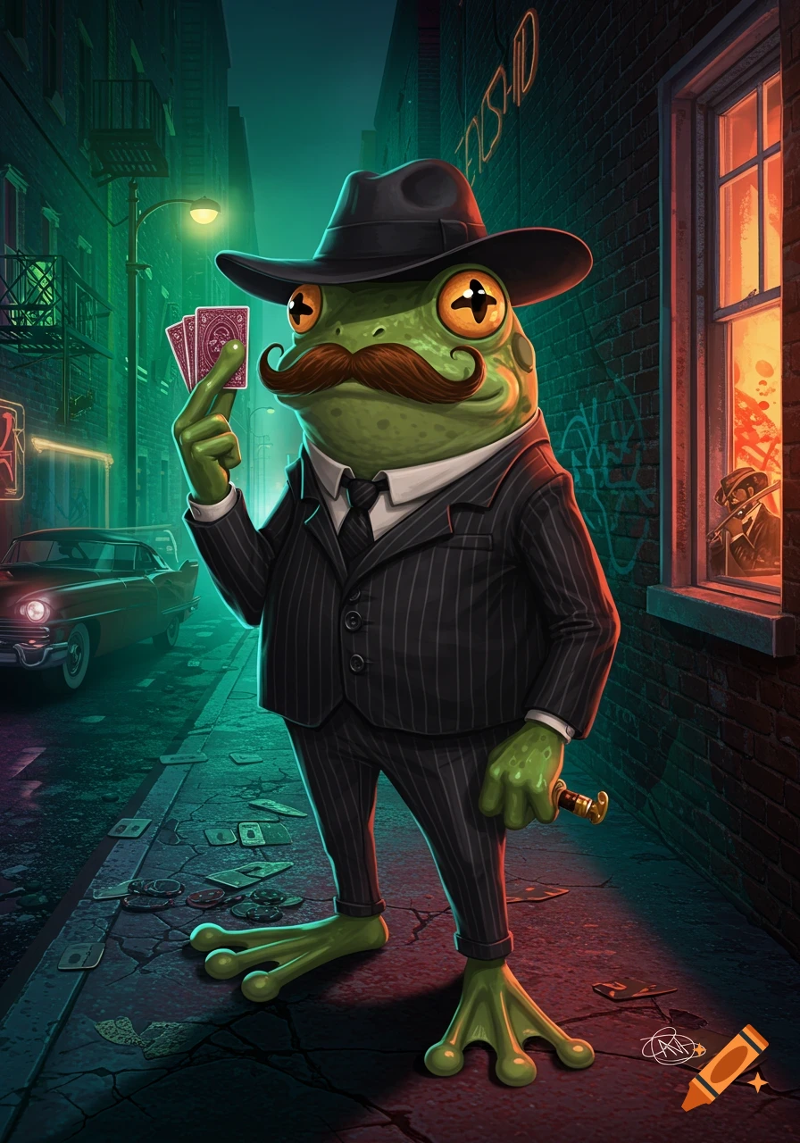 A stylized gangster frog in a pinstripe suit and fedora holds playing cards in a neon-lit alley at night, digital art.