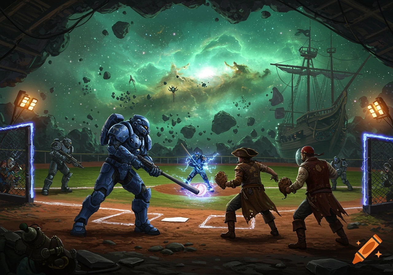 A detailed illustration of a futuristic Space Marine playing baseball against pirates on a field floating in a vibrant green nebula with asteroids and a large pirate ship in the background.