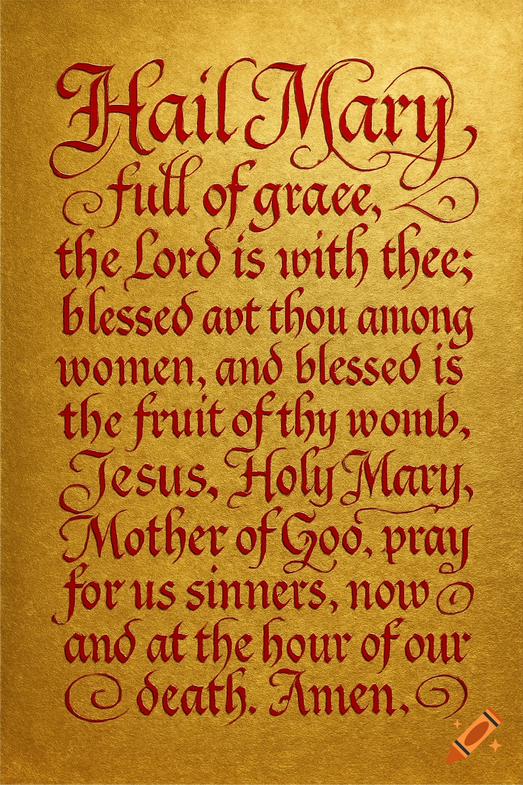 The "Hail Mary" prayer written in ornate red calligraphic script on a textured gold background.