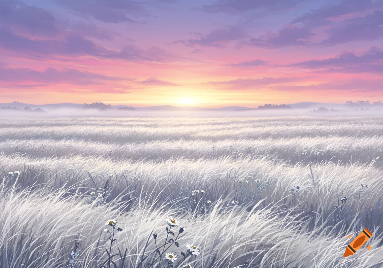 A tranquil field of white, curly grass under a colorful sunrise or sunset sky with purple and pink clouds.