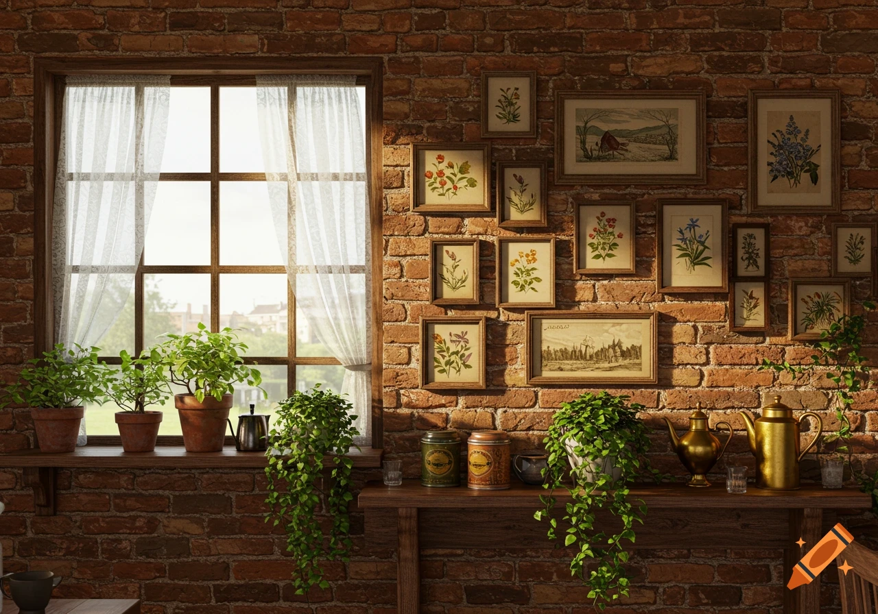 A rustic cafe wall with a window, potted plants, framed botanical illustrations, and brass teapots.