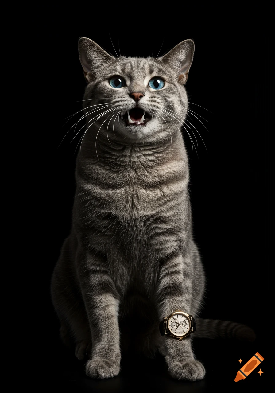 A photorealistic gray tabby cat with bright blue eyes sits upright, wearing a luxury gold watch on its front left paw, mouth slightly open, on a black background.