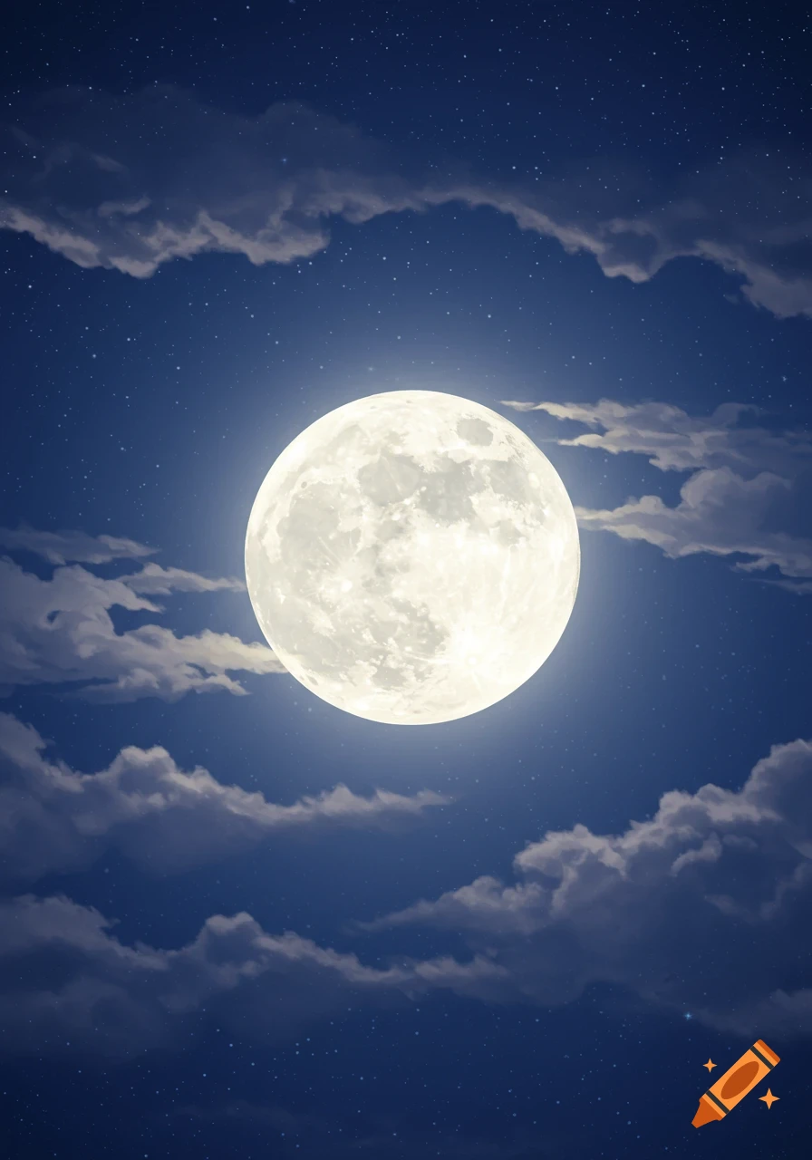 A large, bright full moon shines in a dark blue, star-filled night sky, surrounded by soft, wispy clouds.