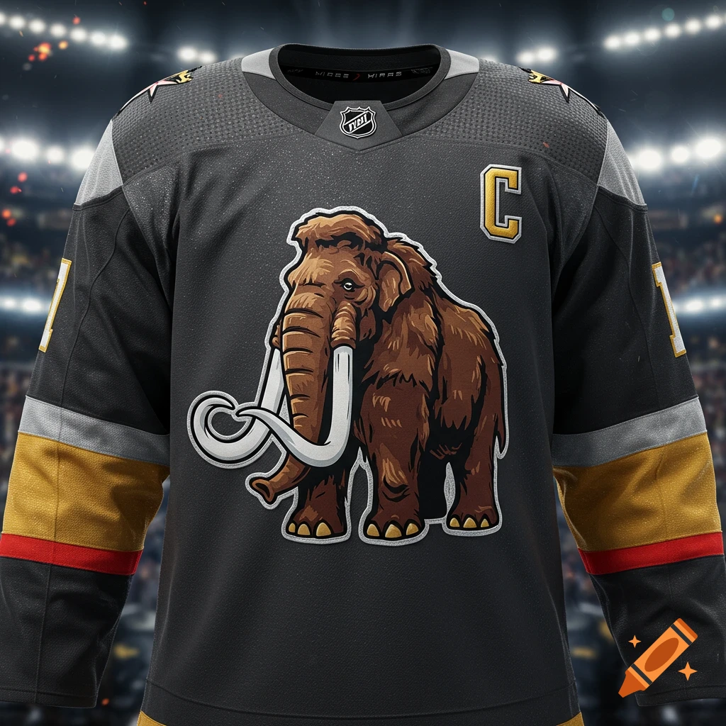 A black hockey jersey with a brown woolly mammoth logo, gold 'C', 'NHL' logo, and gold/gray/red stripes, against a stadium background.