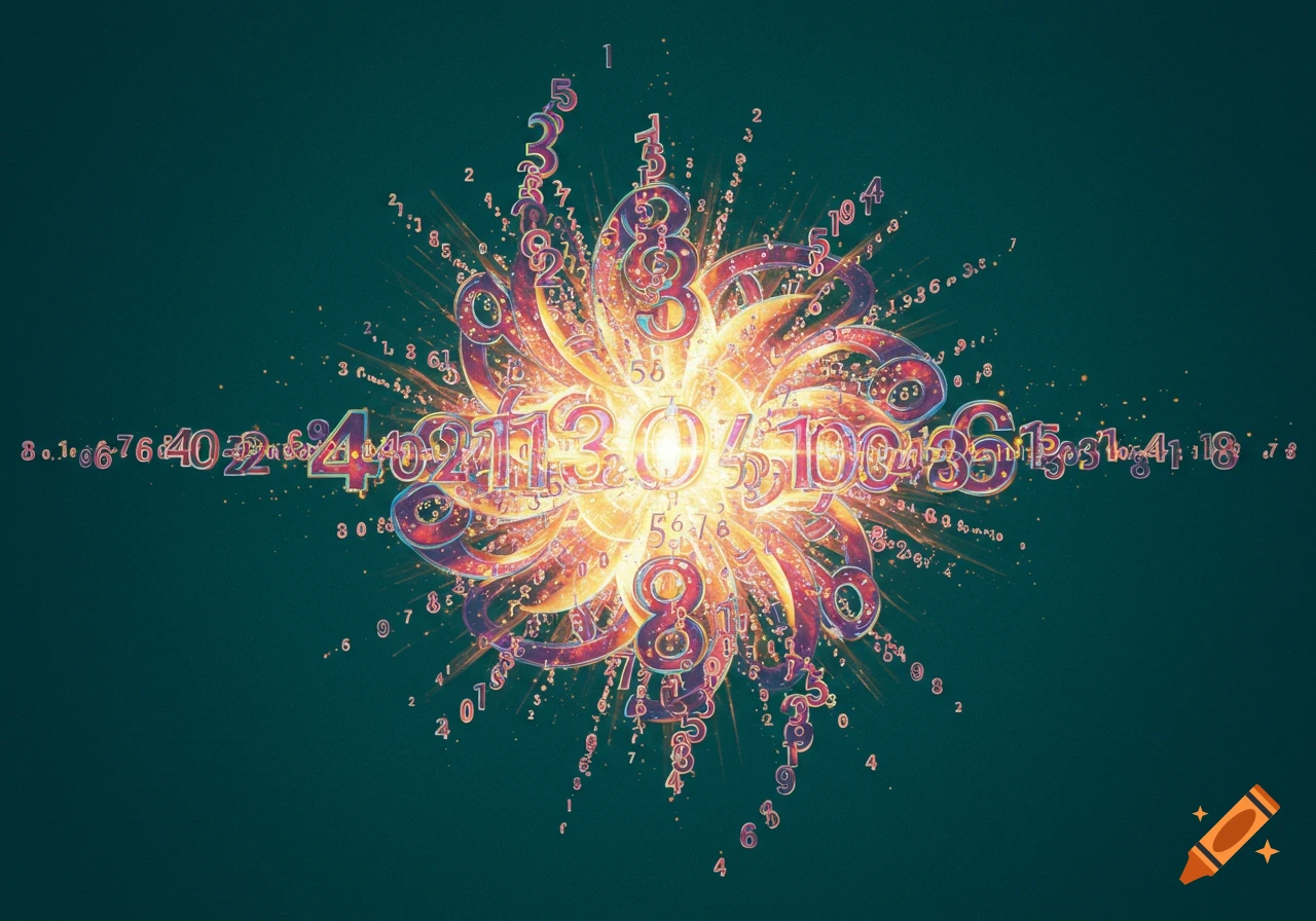 A vibrant, abstract explosion of swirling red, orange, and purple numbers radiates from a bright center against a dark teal background.