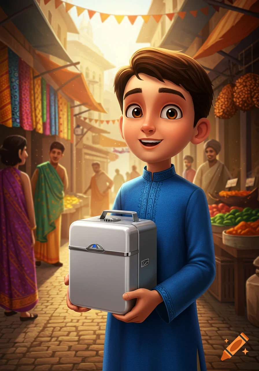 A cartoon Indian boy in a blue embroidered outfit smiles while holding a silver portable mini-fridge in a bustling market street.