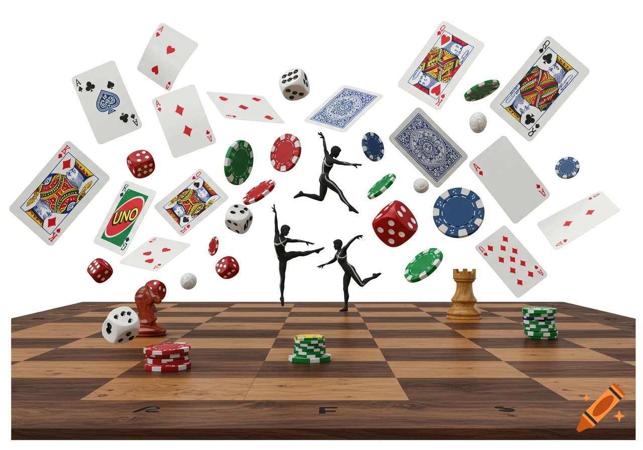 3D render of playing cards, poker chips, dice, and chess pieces floating above a chessboard, with black gymnast silhouettes.