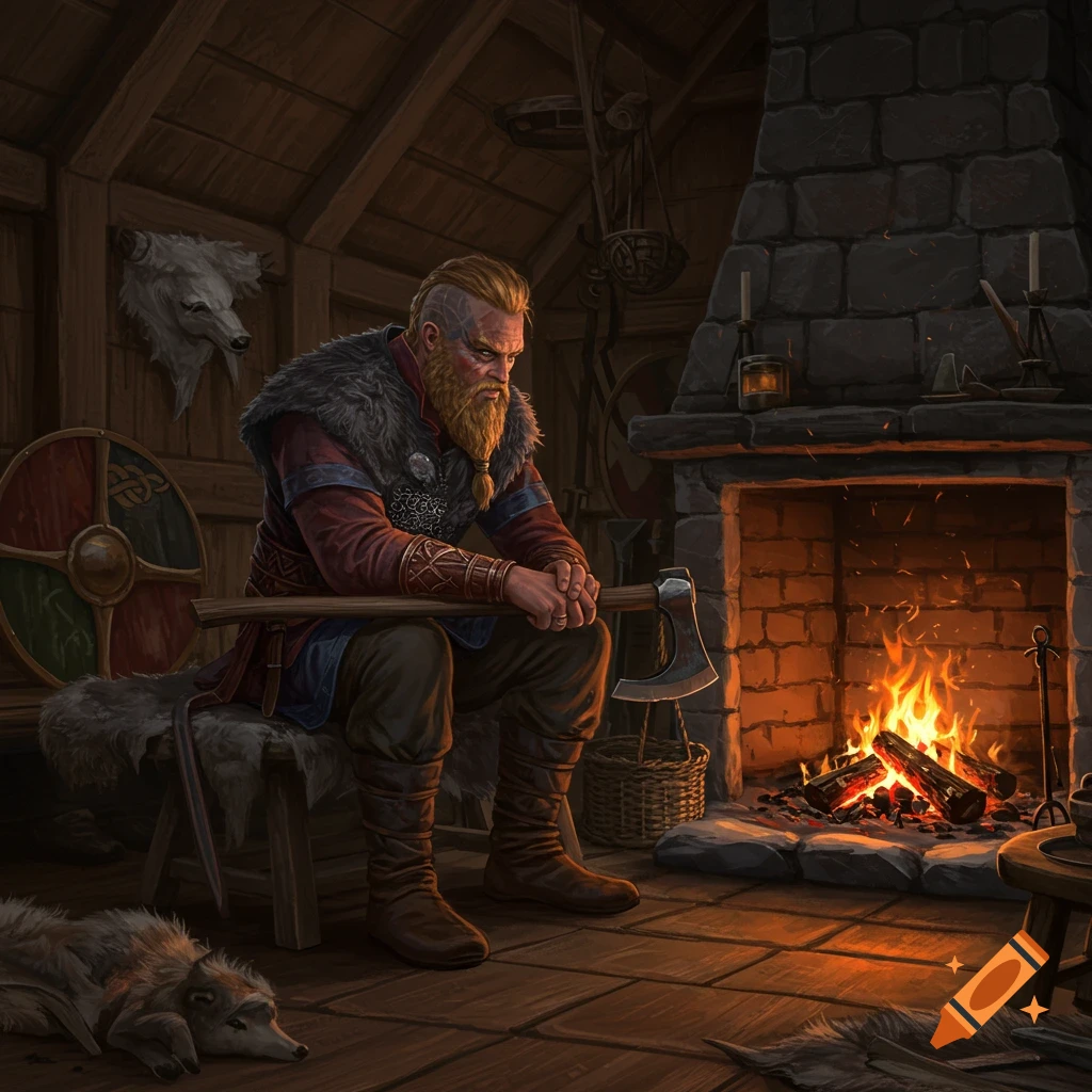 A bearded Viking man sits by a roaring stone fireplace in a rustic wooden home, holding an axe. A dog sleeps nearby.