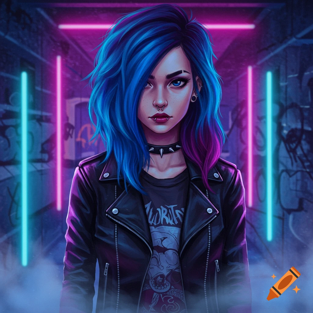 A stylized woman with blue and purple hair, piercings, and a leather jacket stands in a neon-lit alley with graffiti.