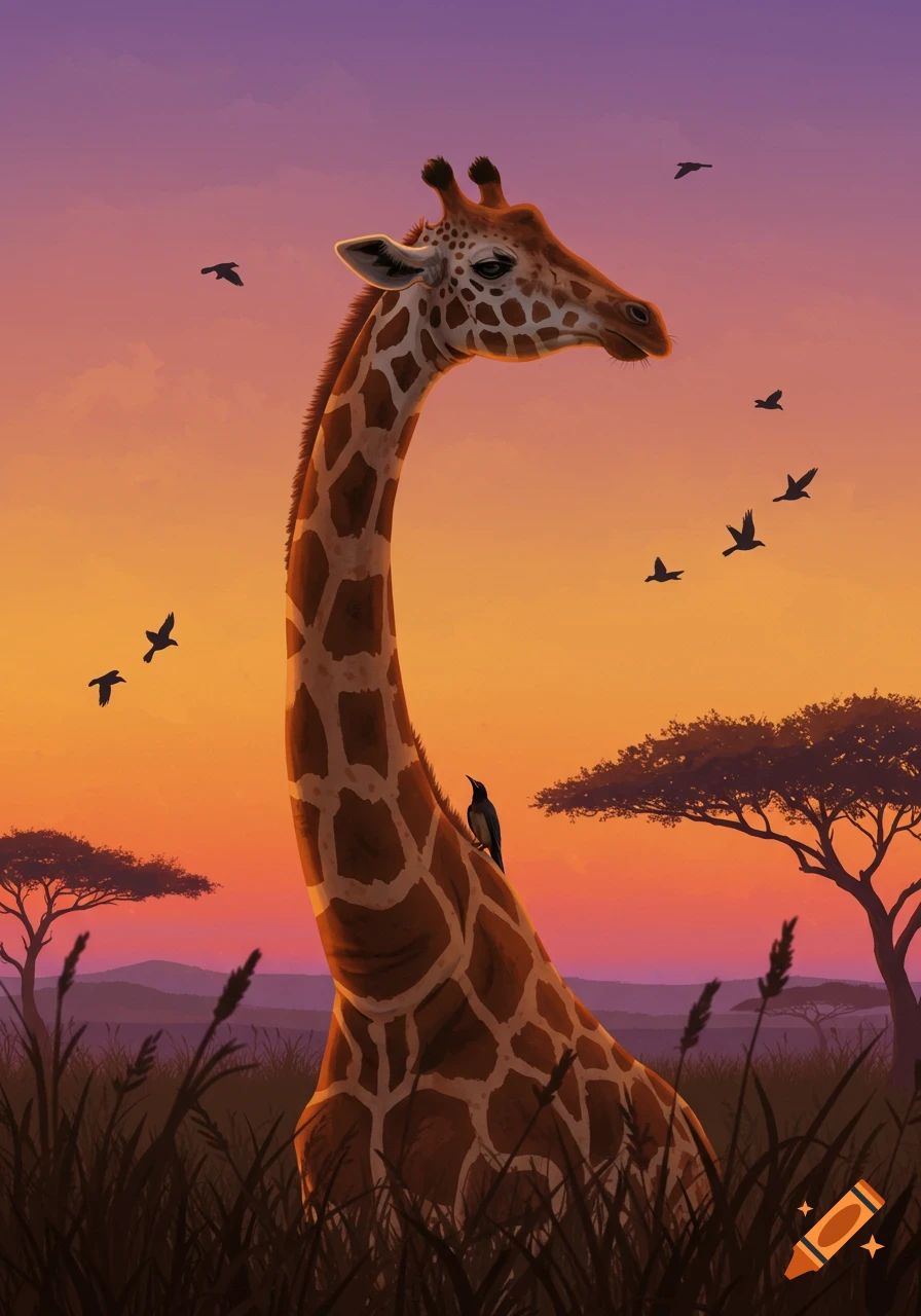 Digital illustration of a giraffe with a bird on its back standing in a savanna at sunset under an orange and purple sky.