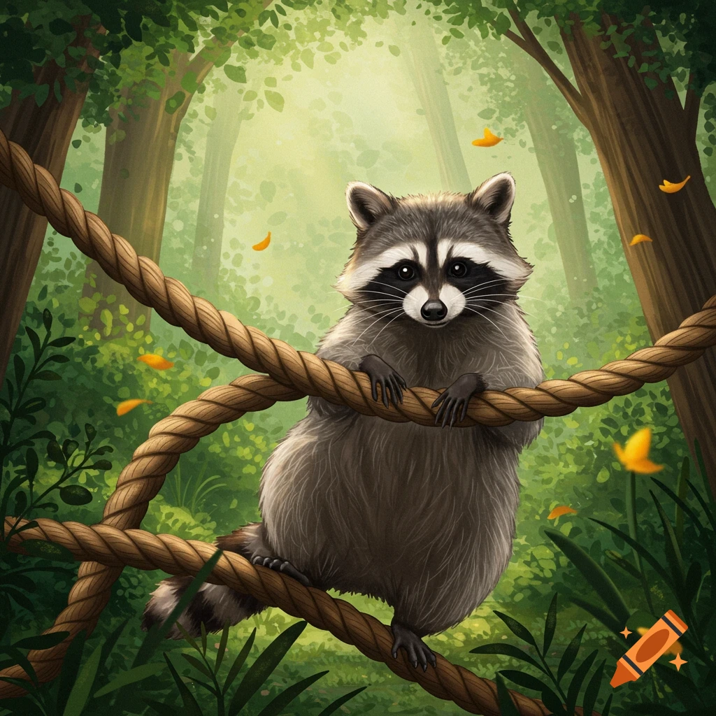 A cartoon raccoon clings to thick ropes in a lush, green jungle with light filtering through the trees.