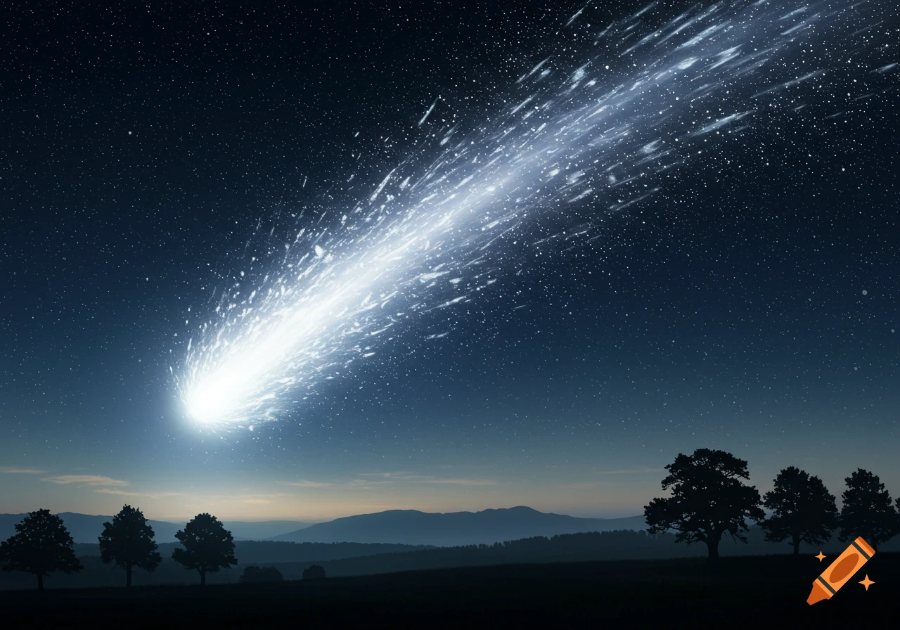 A bright comet with a long, sparkling tail streaks across a dark, star-filled night sky above a silhouetted landscape with trees and mountains.