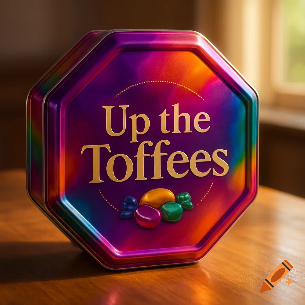 A vibrant, multi-colored octagonal candy tin with "Up the Toffees" in gold text, sitting on a wooden table.