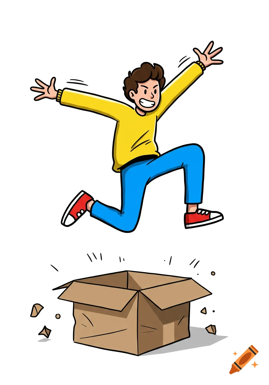 A cartoon person in a yellow shirt and blue pants jumps on a cardboard box, flattening it, on a white background.