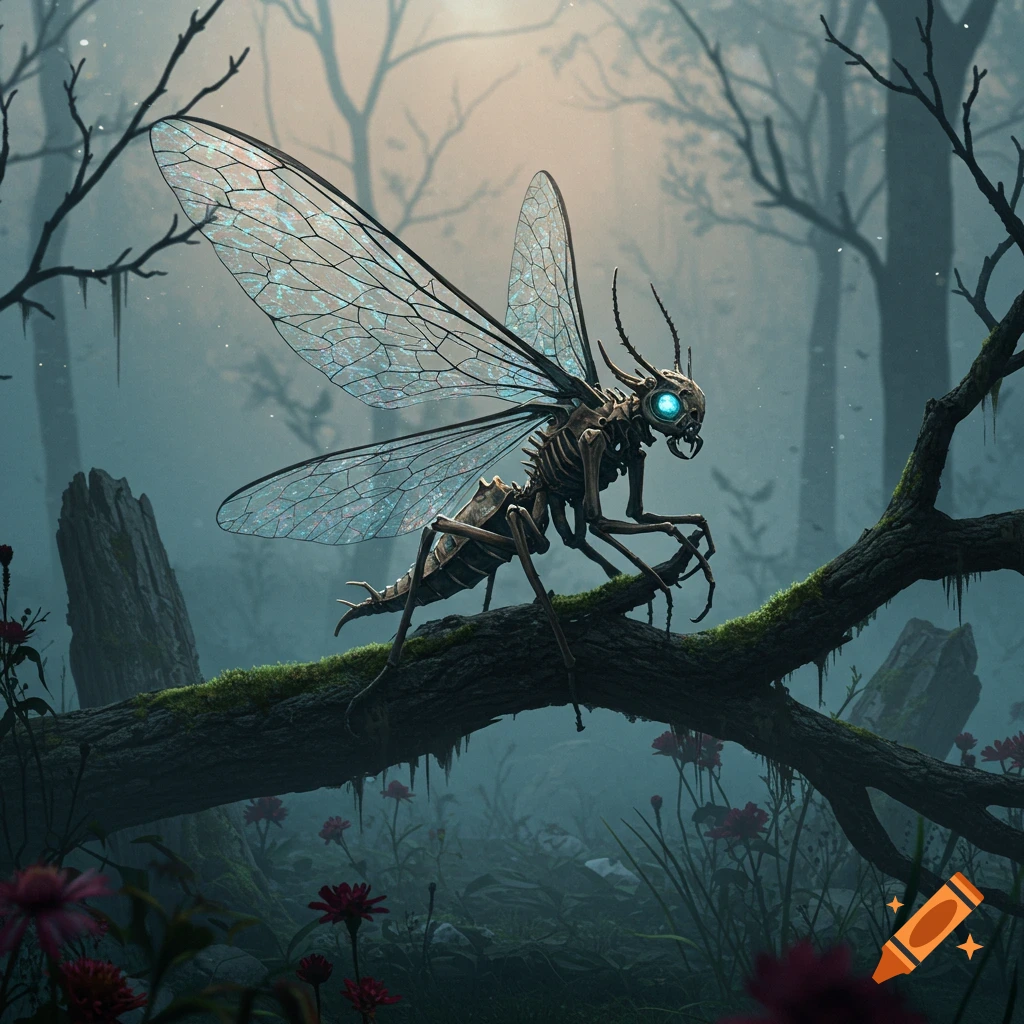 A skeletal insectoid creature with glowing blue eyes and intricate transparent wings perches on a mossy branch in a misty, dark forest.