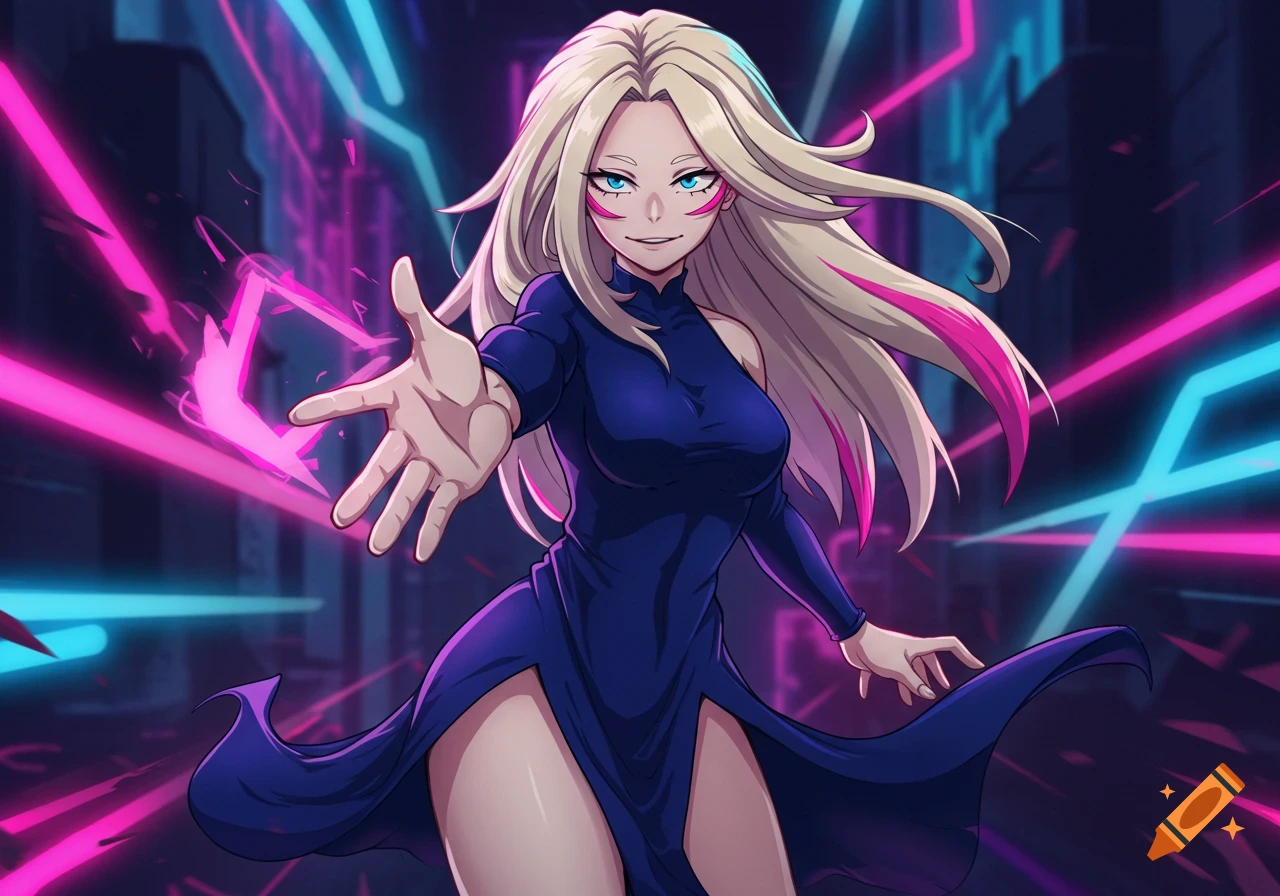 Anime girl with blonde hair, pink and blue streaks, blue eyes, wearing a blue split dress, extending her hand against a neon cyberpunk background.