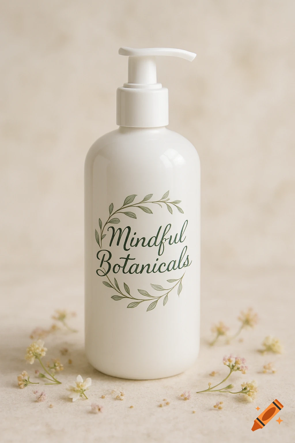 A white lotion bottle with 'Mindful Botanicals' label, surrounded by small white and pink flowers on a light background.