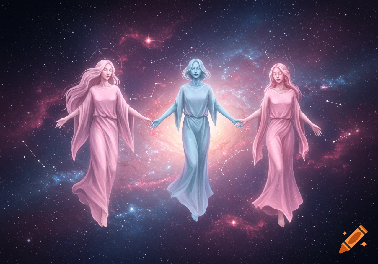 Three ethereal women in flowing robes, two pink and one blue, float hand-in-hand in a cosmic starry nebula.