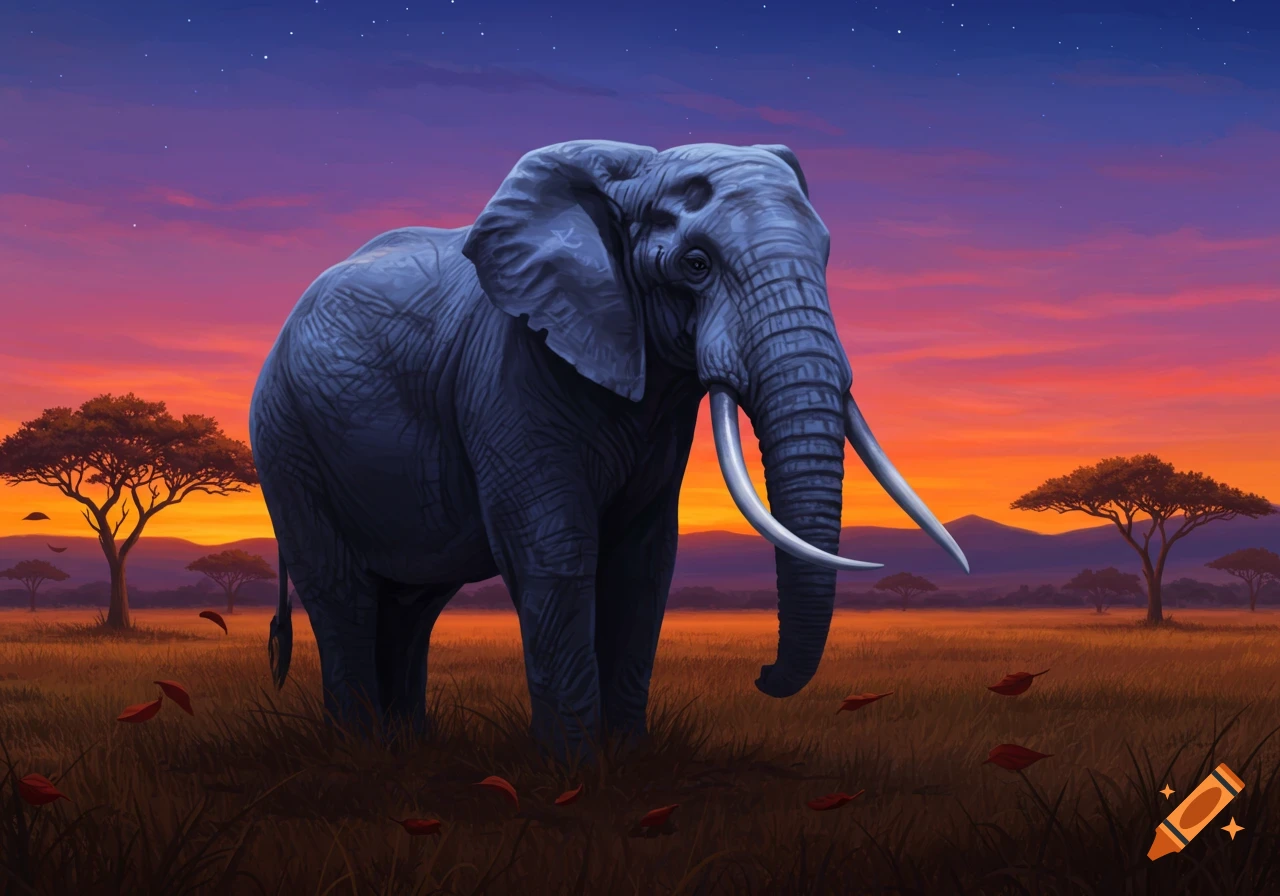 A large elephant stands in a golden savannah field with acacia trees under a vibrant orange and purple sunset sky, digital painting.