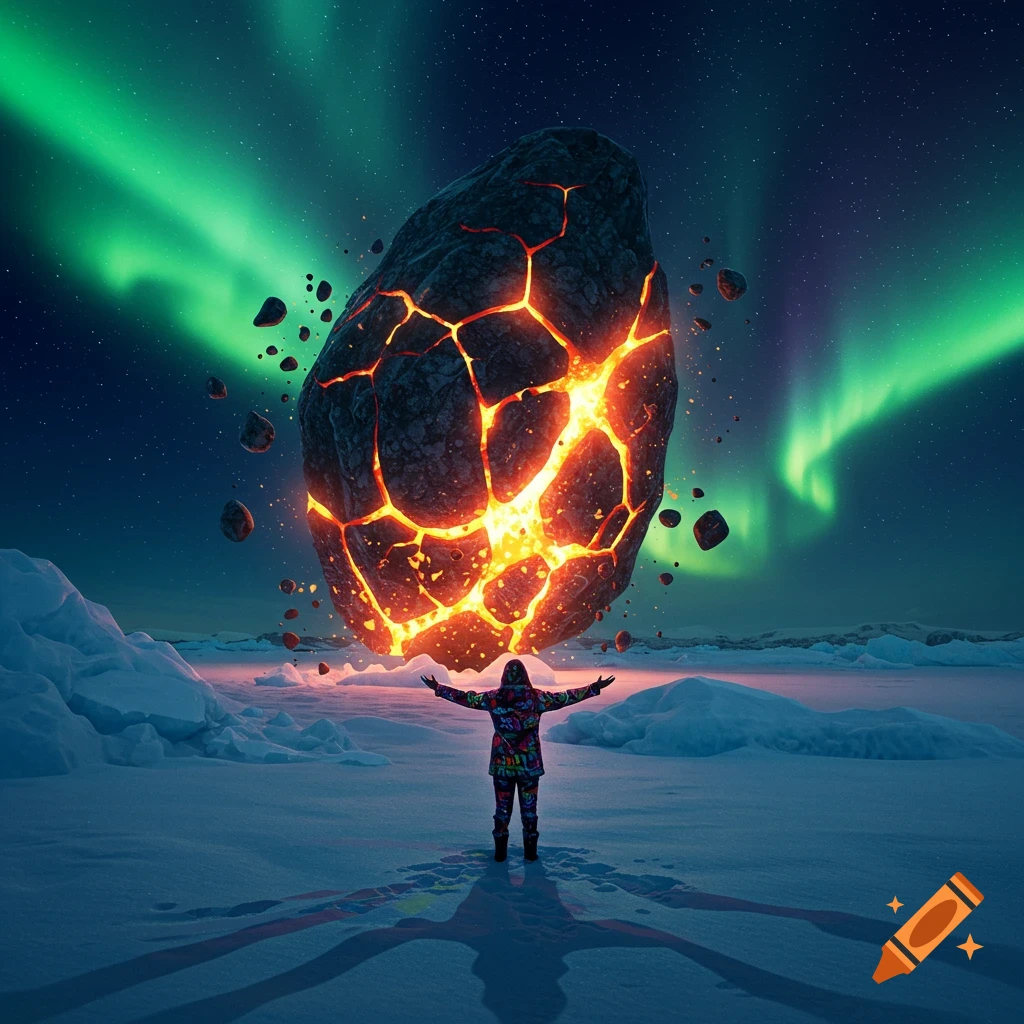 A person stands in an arctic landscape, gazing up at a large, glowing, cracking meteoroid floating under green aurora borealis.