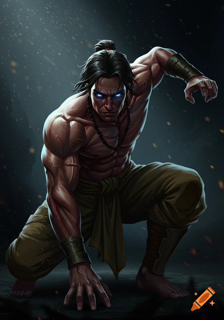 Muscular man with glowing blue eyes and dark hair tied back, crouched in a martial arts pose against a dark, dramatic background.