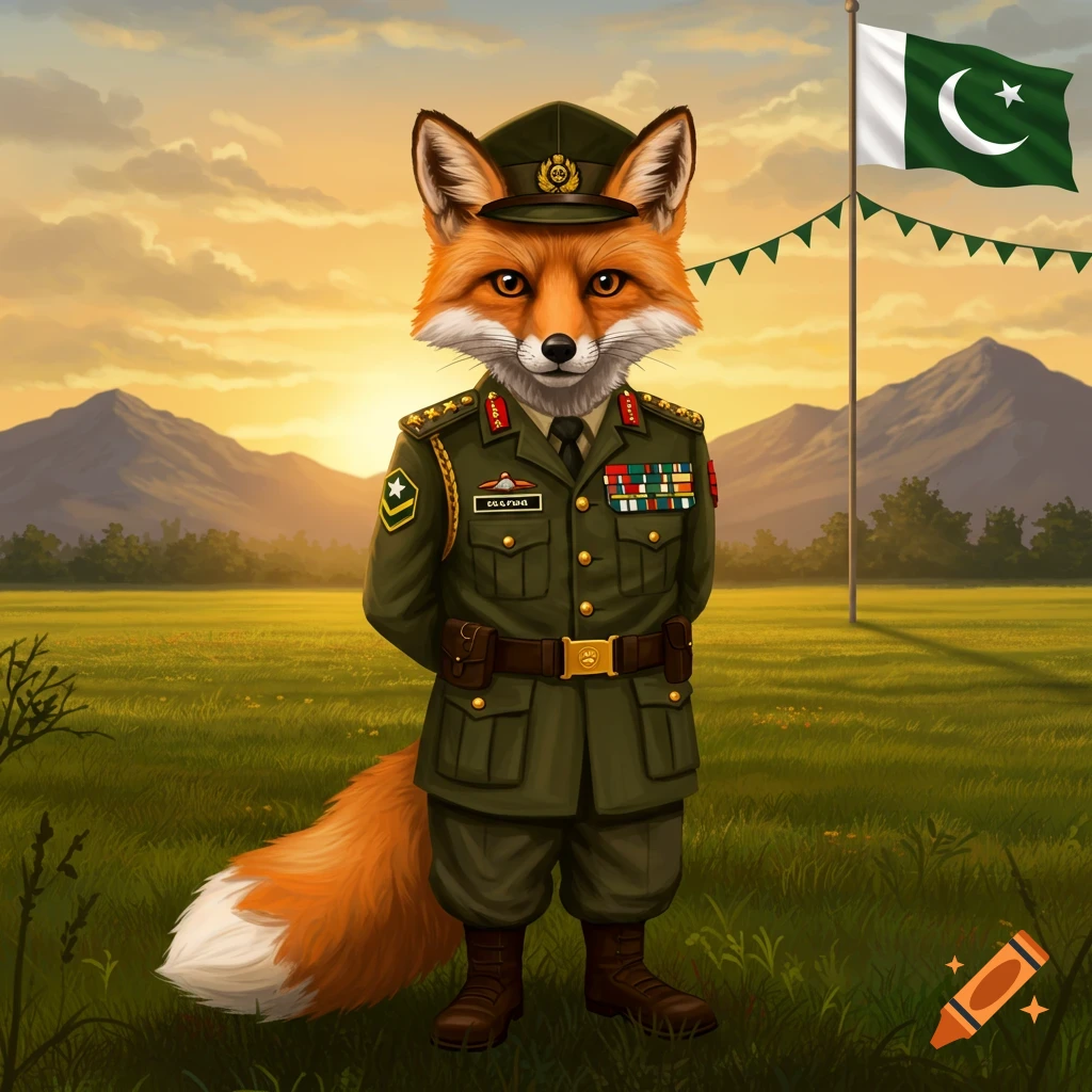 An anthropomorphic fox in a green military uniform stands in a field with mountains and a Pakistani flag at sunset.