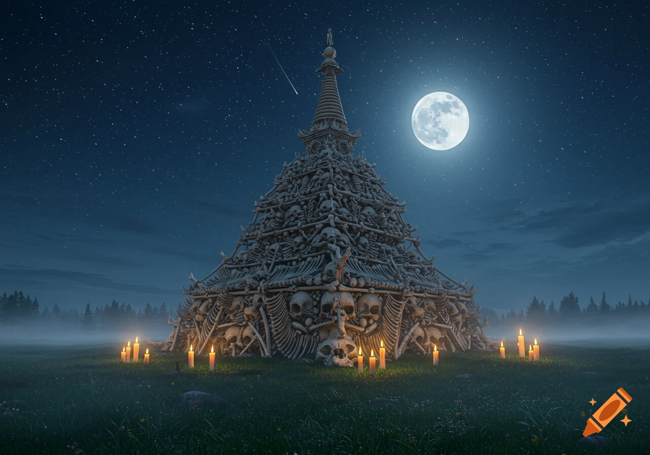 A skeletal Buddhist stupa stands in a grassy field at night, lit by a full moon and glowing candles, with a shooting star in the dark sky.