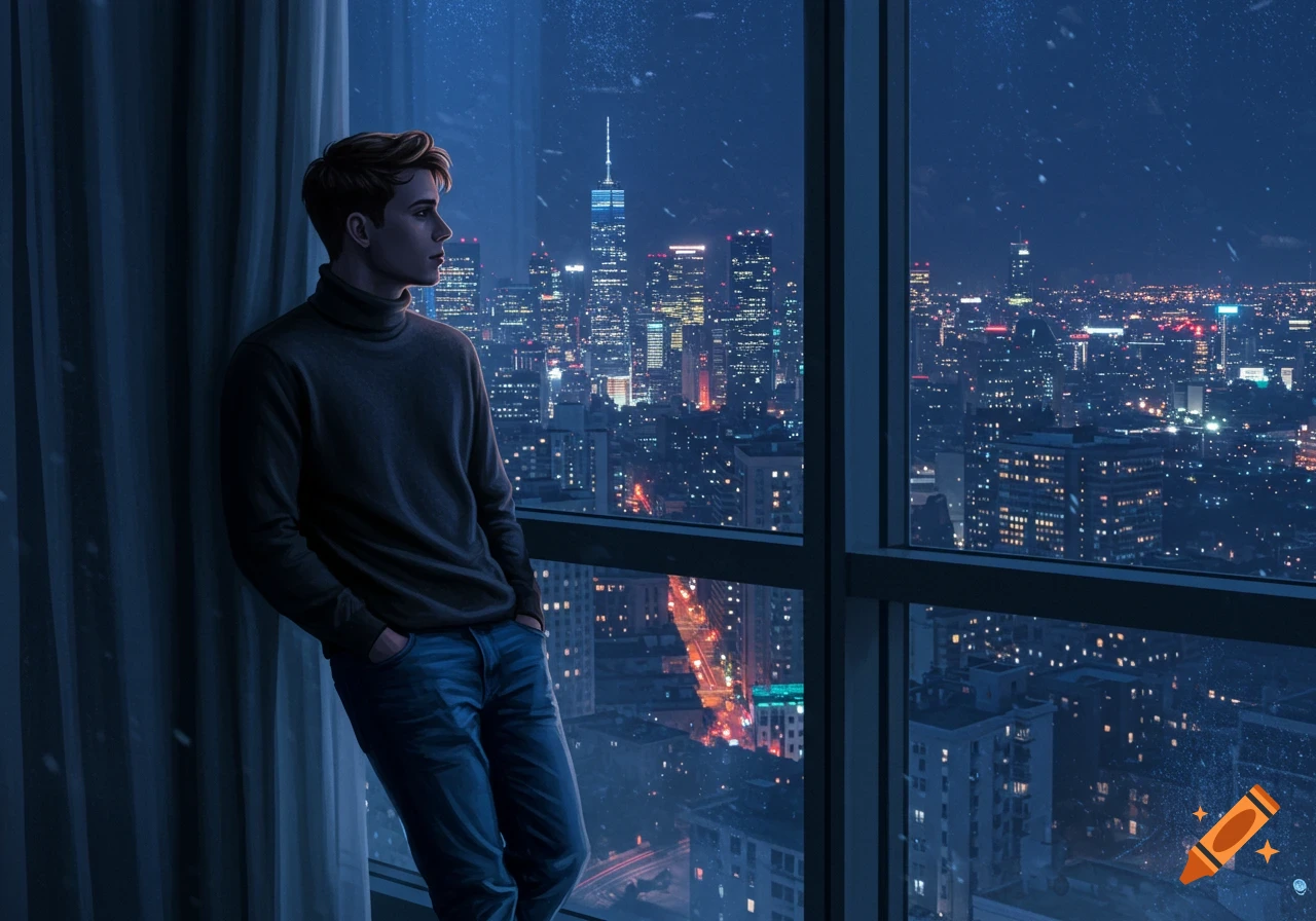 A man in a dark turtleneck and jeans leans by a large window, gazing at a sprawling city lit up at night, in a digital painting.