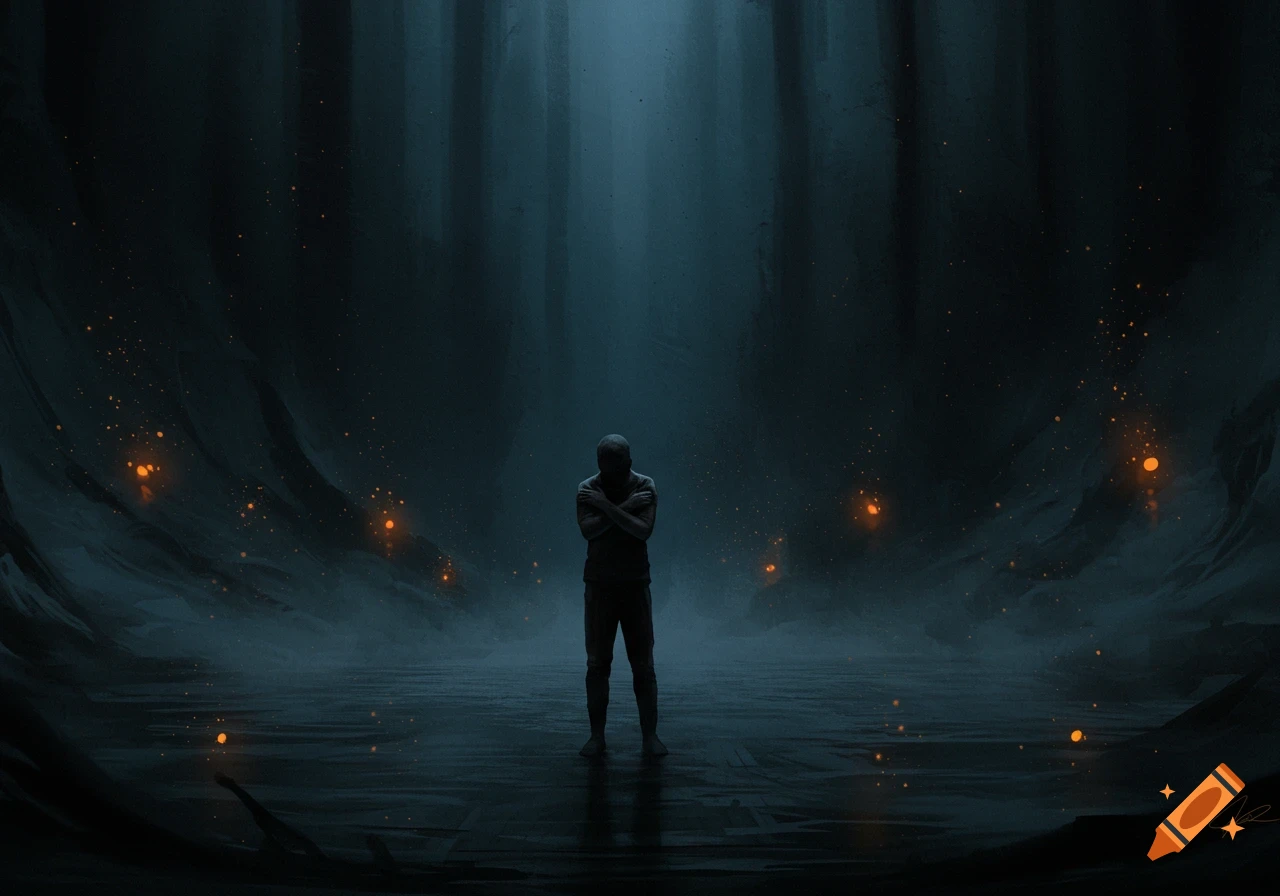 A lone, silhouetted figure stands with arms crossed in a dark, misty landscape with glowing orange embers and tall, shadowy trees.