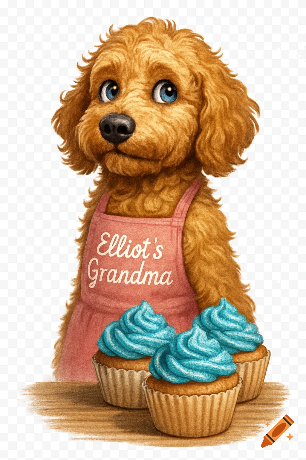 A cartoon golden doodle dog with blue eyes wears a pink apron that says 'Elliot's Grandma' and stands behind three cupcakes with blue icing.