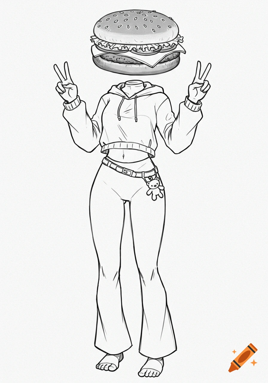 Black and white anime-style sketch of a headless figure with a cheeseburger head, posing with peace signs, wearing a cropped hoodie and leggings.