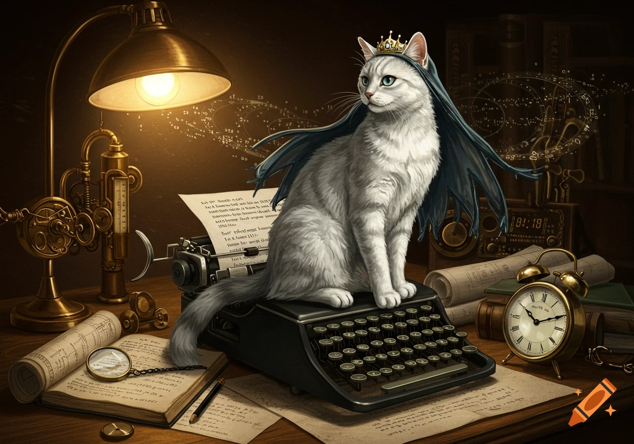 A white cat wearing a crown and veil sits on a vintage typewriter on a desk with a lamp, books, and antique instruments.
