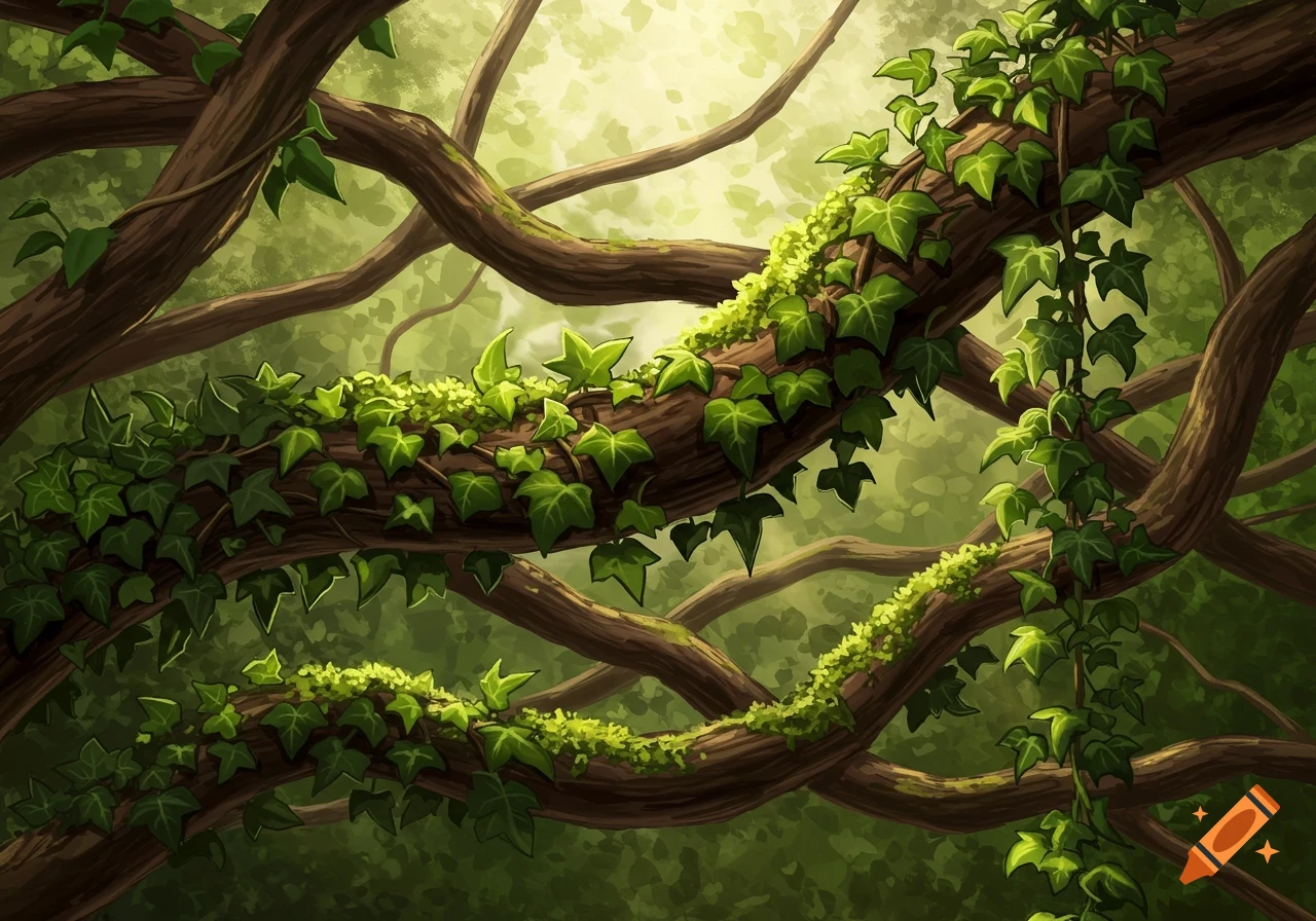 Close-up illustration of intertwined tree branches covered in vibrant green ivy and moss, with a soft, misty background.
