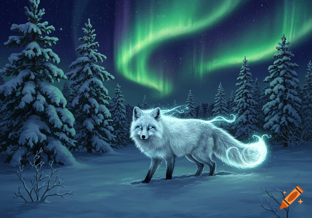 A glowing white fox-like spirit stands in a snowy forest at night, illuminated by vibrant green Northern Lights. Stylized illustration.