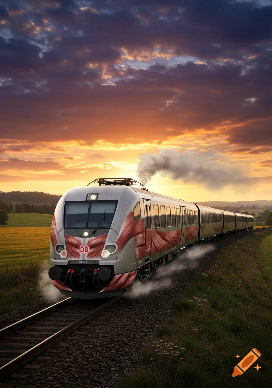 A muscle-bound train travels through a field during sunset, with a DB logo on its front.