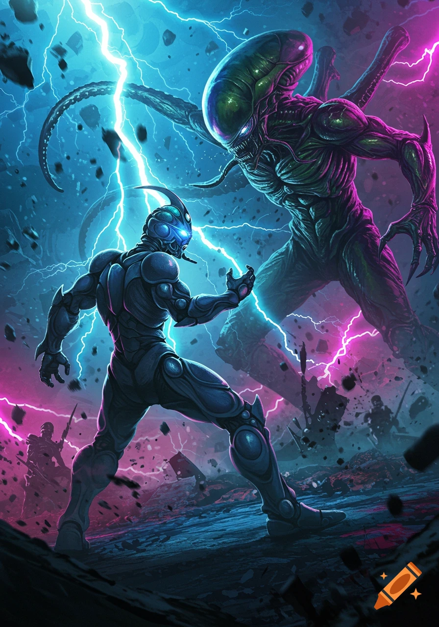 A blue armored warrior battles a large green alien monster on a stormy battlefield with lightning and debris, in a dynamic sci-fi illustration.