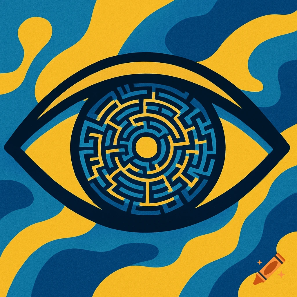 A graphic illustration of a stylized eye with a blue and yellow labyrinth as its iris, against an abstract blue and yellow wavy background.