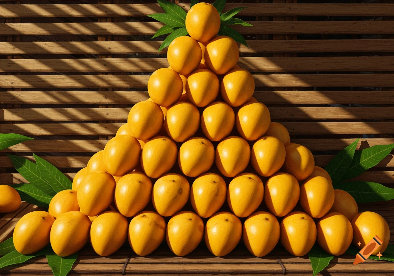 A large pyramid of ripe yellow mangoes with green leaves on a wooden slatted surface, bathed in sunlight.