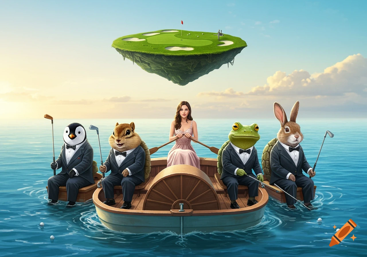 A woman rows a paddle boat on the ocean with a penguin, chipmunk, frog, and rabbit in tuxedos holding golf clubs, beneath a floating golf course island.