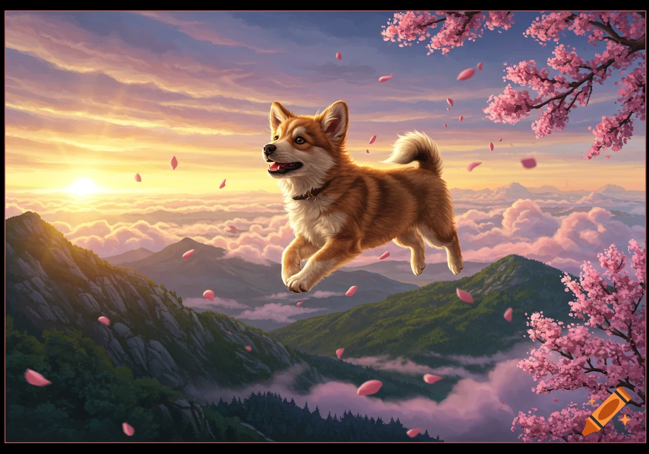 A fluffy brown and white dog joyfully floats above a mountain range blanketed in clouds and cherry blossoms at sunset.