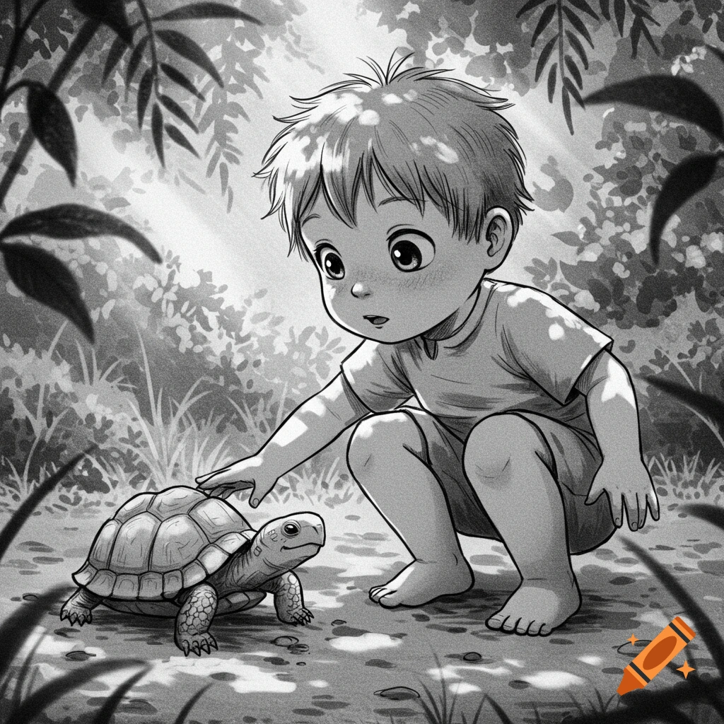 Black and white manga illustration of a young boy crouching to gently touch a tortoise in a sun-dappled forest.