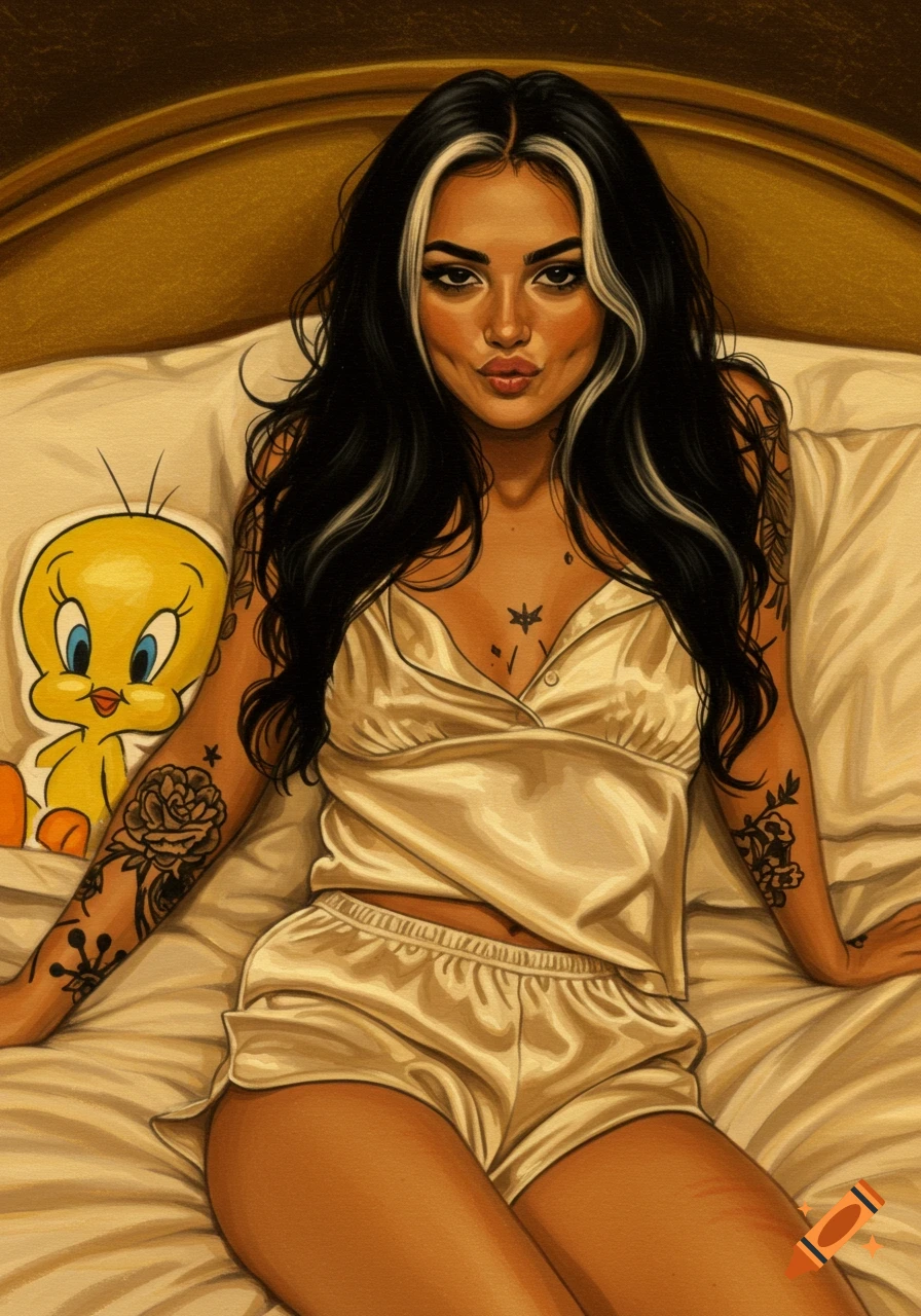Oil painting of a woman with black and white hair, tattoos, wearing silk pajamas, lying in bed with a Tweety Bird pillow.