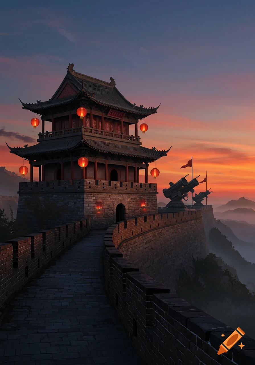 An ancient Chinese guard tower adorned with red lanterns stands on a stone wall with rocket launchers, under a vibrant sunset sky.