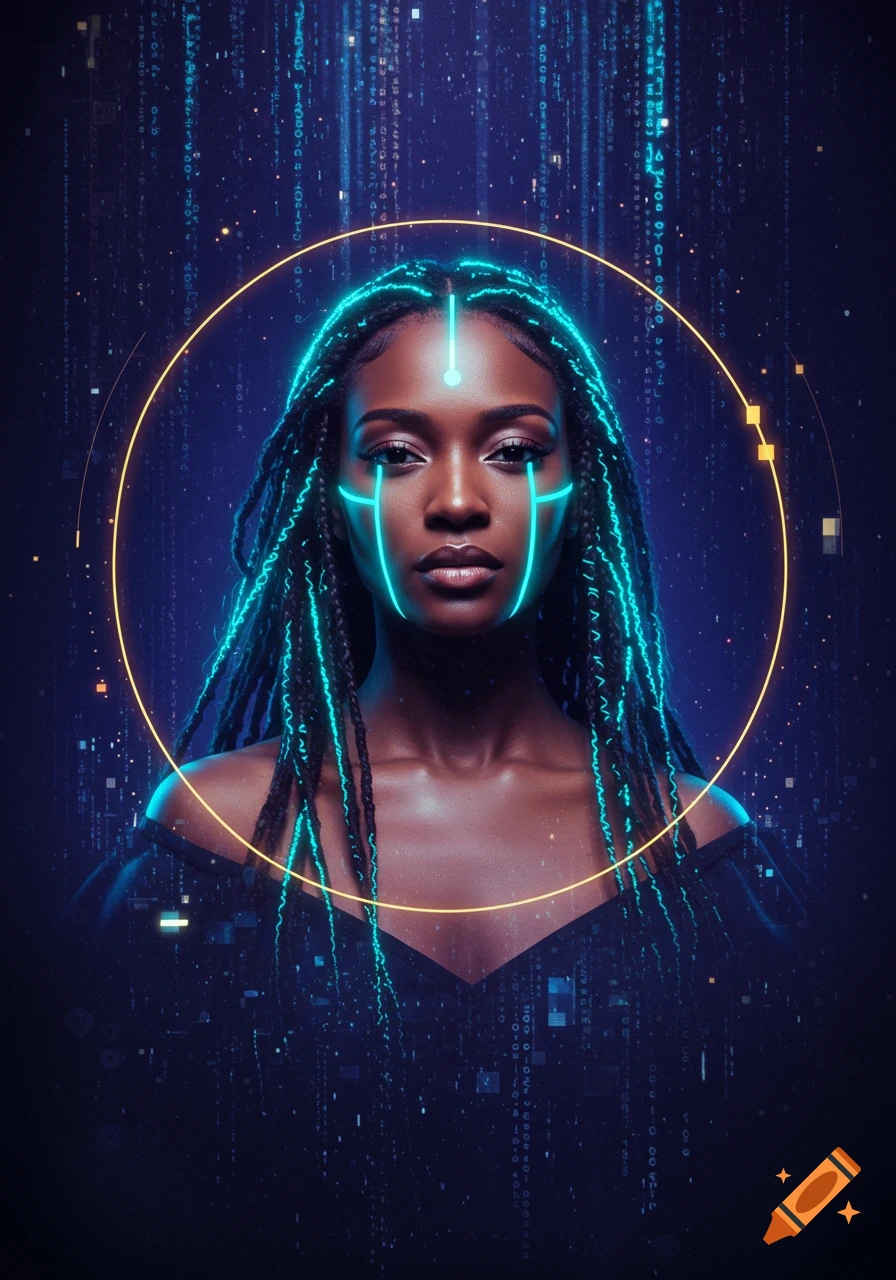Digital portrait of a Black woman with glowing turquoise neon lines on her face and hair, encircled by a golden aura, against a backdrop of abstract data streams.
