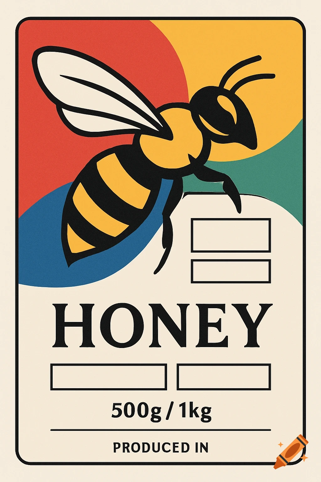 A stylized honey label featuring a black and yellow bee on a background of red, yellow, blue, and green, with text "HONEY", "500g / 1kg", and "PRODUCED IN", along with blank input boxes.