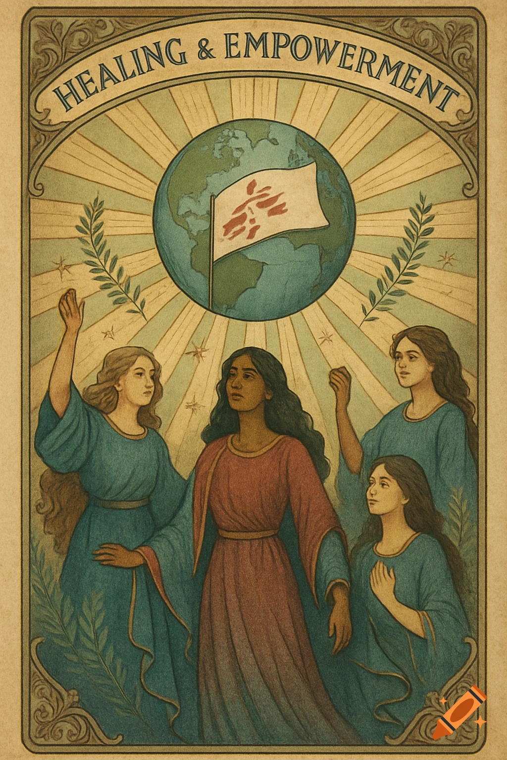 An Art Nouveau style illustration of four women in robes standing before a globe with a flag bearing red marks, text reads "HEALING & EMPOWERMENT".