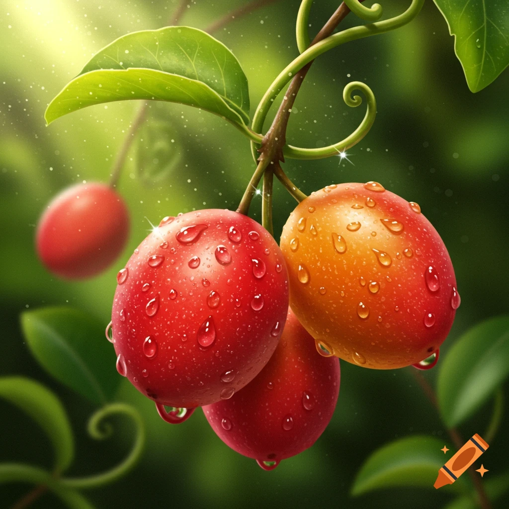 A cluster of red and orange fruits with water droplets, hanging from a green branch in a sunny, leafy environment.