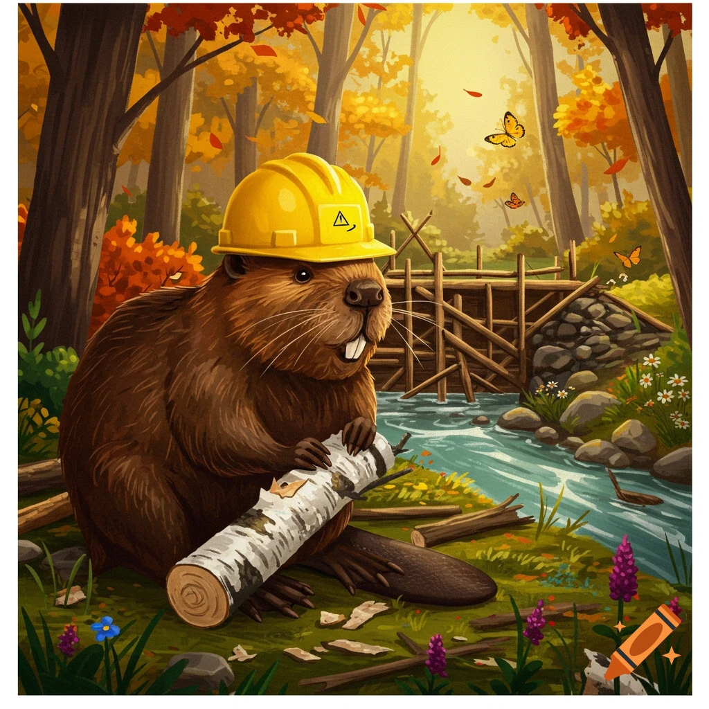 A cartoon beaver in a yellow hard hat holds a log by a river in an autumn forest, building a wooden dam.