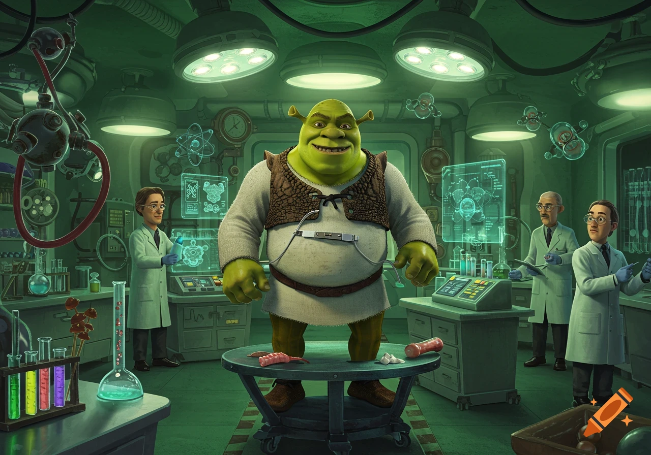 Shrek stands on a table in a green-lit laboratory, surrounded by scientists examining him amidst glowing screens and equipment.
